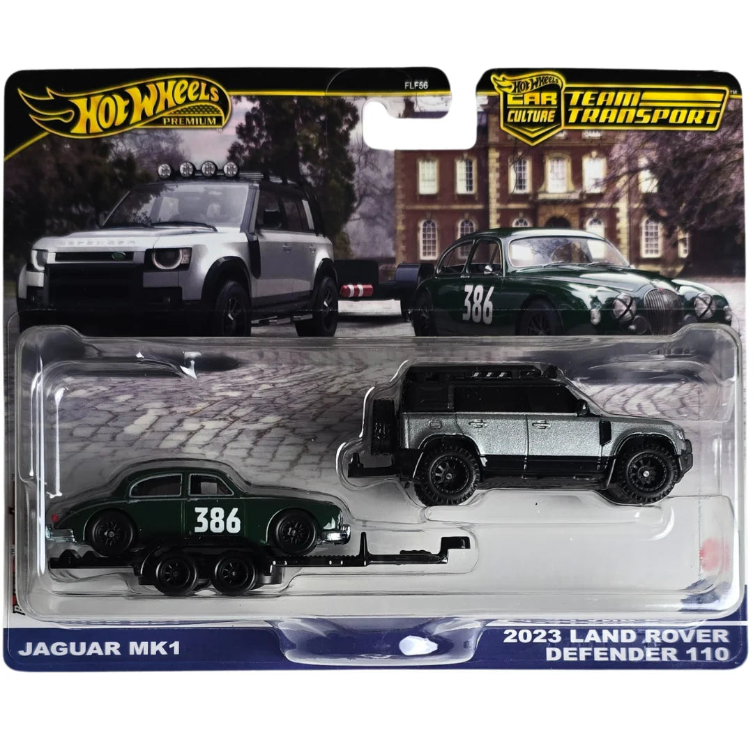Hot Wheels Premium Car Culture Team Transport, Jaguar MK1 and 2023 Land Rover Defender 110