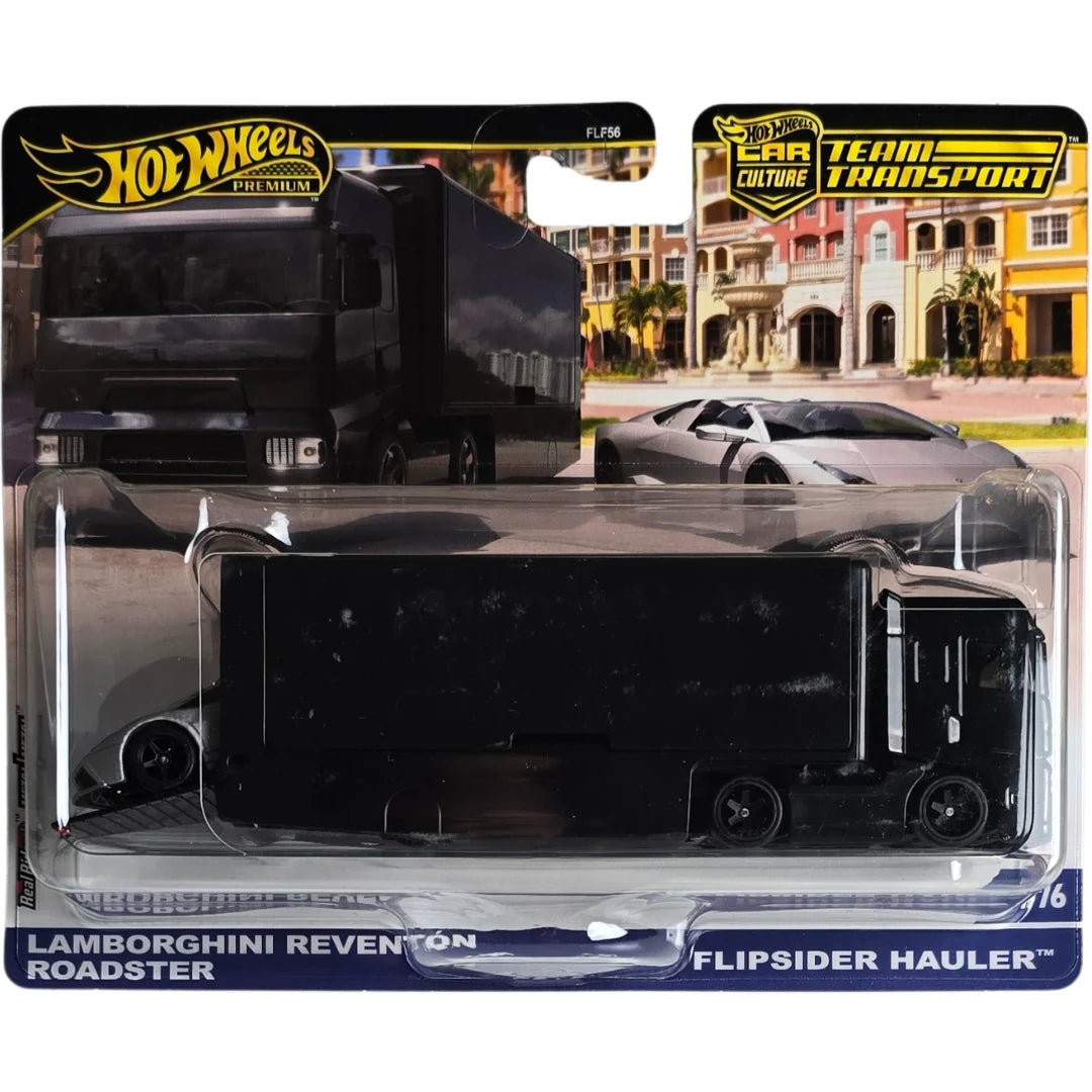 Hot Wheels Premium Car Culture Team Transport, Lamborghini Reventon Roadster with Flipsider Hauler, Black