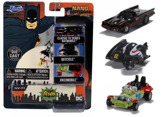 Jada Nano Hollywood Rides - Batman - Classic TV Series Batmobile / Batcycle / Jokermobile