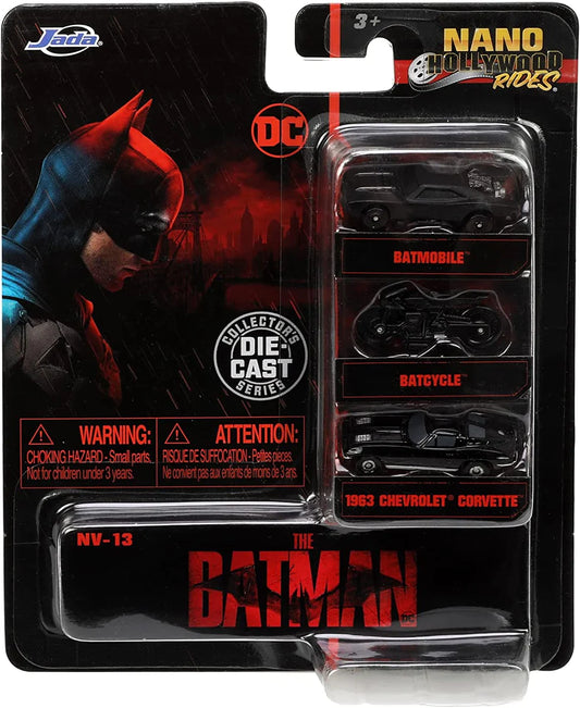 Jada Nano Hollywood Rides - Batman - Batmobile / Batcycle /1963 Chevrolet Corvette
